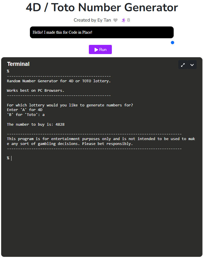 4D Toto Number Generator screenshot